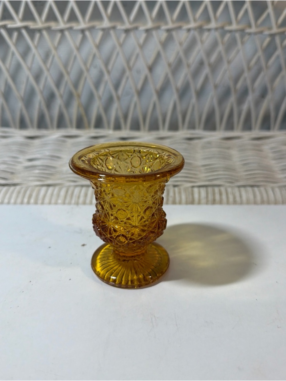 VTG Fenton Amber Glass Pedestal Vase Toothpick Holder Daisy Button Design
